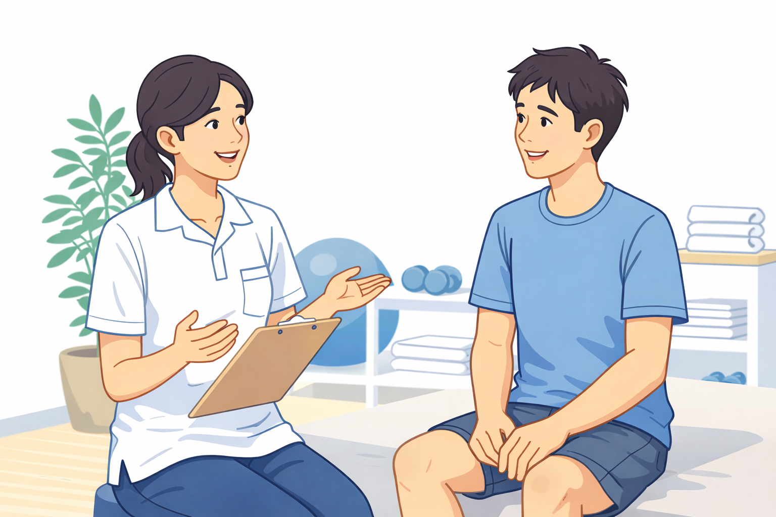 リハビリを指導するセラピストと患者のイラスト